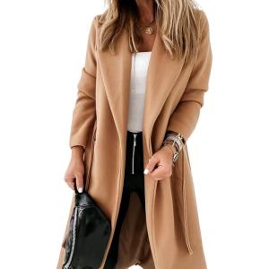 image:imageCHARTOU Women Casual Long Trench Coat Open Front Wool Coat Winter Jacket Peacoat Lapel Collar Overcoat with BeltCamel