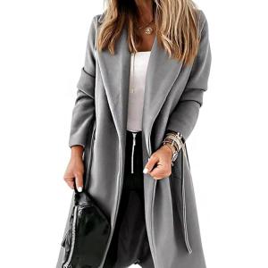 image:imageCHARTOU Women Casual Long Trench Coat Open Front Wool Coat Winter Jacket Peacoat Lapel Collar Overcoat with BeltGrey