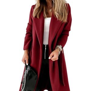 image:imageCHARTOU Women Casual Long Trench Coat Open Front Wool Coat Winter Jacket Peacoat Lapel Collar Overcoat with BeltWine Red