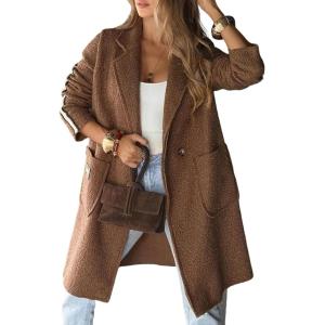 image:imageCHARTOU Women Color Block Long Sleeve Wool Trench Pea Coat Fuzzy Fleece Winter Casual OvercoatCamel