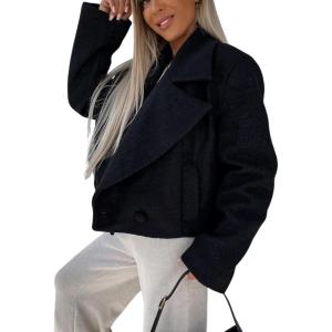 image:imageCHARTOU Women Double Breasted Cropped Peacoat Notch Lapel Tweed Crop Blazer Jacket Wool Blend Short OvercoatBlack