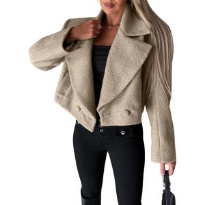 image:imageCHARTOU Women Double Breasted Cropped Peacoat Notch Lapel Tweed Crop Blazer Jacket Wool Blend Short OvercoatKhaki