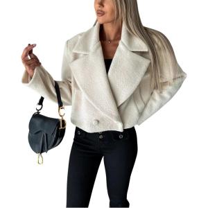 image:imageCHARTOU Women Double Breasted Cropped Peacoat Notch Lapel Tweed Crop Blazer Jacket Wool Blend Short OvercoatWhite