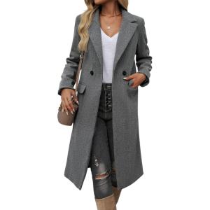 image:imageCHARTOU Women Elegant Lapel Tweed Pea Coats Trench Long Wool Double Breasted Casual Office Overcoat WinterGrey