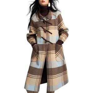 image:imageCHARTOU Women Fall Winter Wool Long Pea Coat Vintage Plaid Lapel Doll Collar Button down Midi Trench OvercoatCamel