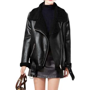image:imageCHARTOU Women Faux Leather Jacket Fur Lined Winter Coat Warm Zip Up Notched Collar Moto Bomber JacketBlack Sherpa