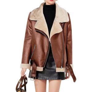 image:imageCHARTOU Women Faux Leather Jacket Fur Lined Winter Coat Warm Zip Up Notched Collar Moto Bomber JacketBrown Fur