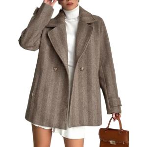 image:imageCHARTOU Women Herringbone Wool Coat Notch Lapel Double Breasted Midi Overcoat Dressy Winter Trench Pea CoatBrown