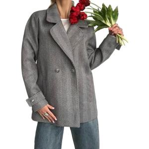 image:imageCHARTOU Women Herringbone Wool Coat Notch Lapel Double Breasted Midi Overcoat Dressy Winter Trench Pea CoatGrey