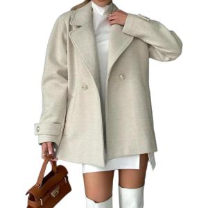 image:imageCHARTOU Women Herringbone Wool Coat Notch Lapel Double Breasted Midi Overcoat Dressy Winter Trench Pea CoatWhite