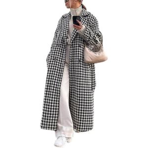 image:imageCHARTOU Women Houndstooth Long Overcoat Jacket Oversized Notch Lapel Button Down Outwear Coat with BeltBlack