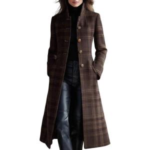 image:imageCHARTOU Women Long Wool Plaid Pea Coat Fall Winter Casual Single Breasted Midi Trench Overcoat OutwearKhaki