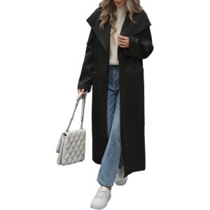 image:imageCHARTOU Women Long Wool Trench Pea Coats Winter Lapel Collar Open Front Overcoat with PocketsBlack
