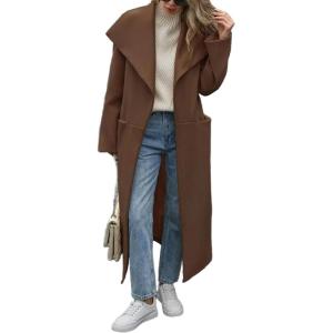image:imageCHARTOU Women Long Wool Trench Pea Coats Winter Lapel Collar Open Front Overcoat with PocketsBrown
