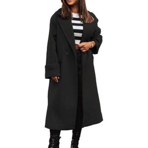 image:imageCHARTOU Women Loose Long Wool Coat Notched Lapel Peacoat Woolen Jacket Winter Warm Overcoat Pea Coat Trench CoatBlack