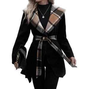 image:imageCHARTOU Women Plaid Patchwork Pea Coat Jacket Fall Winter Wool Shawl Collar Trench Overcoat with BeltBlack
