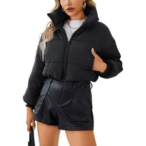 image:imageCHARTOU Women Short Cropped Puffer Jacket Parka Warm Quilted Bomber Jacket Coat Crop OvercoatBlack