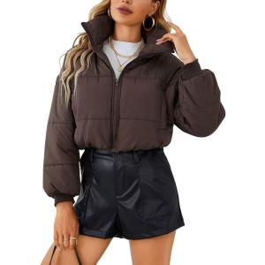 image:imageCHARTOU Women Short Cropped Puffer Jacket Parka Warm Quilted Bomber Jacket Coat Crop OvercoatBrown