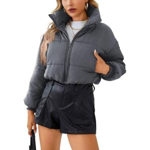 image:imageCHARTOU Women Short Cropped Puffer Jacket Parka Warm Quilted Bomber Jacket Coat Crop OvercoatGrey