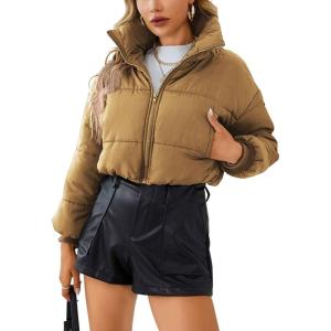 image:imageCHARTOU Women Short Cropped Puffer Jacket Parka Warm Quilted Bomber Jacket Coat Crop OvercoatKhaki