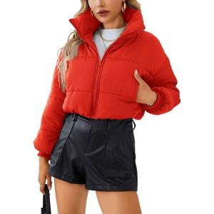 image:imageCHARTOU Women Short Cropped Puffer Jacket Parka Warm Quilted Bomber Jacket Coat Crop OvercoatRed