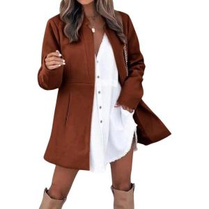 image:imageCHARTOU Women Slim Open Front Pea Coat Wool Jacket Mid Long Blazer Trench Coat Peacoat Winter Dress Coat OvercoatBrick Red