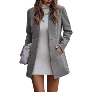 image:imageCHARTOU Women Slim Open Front Pea Coat Wool Jacket Mid Long Blazer Trench Coat Peacoat Winter Dress Coat OvercoatGrey