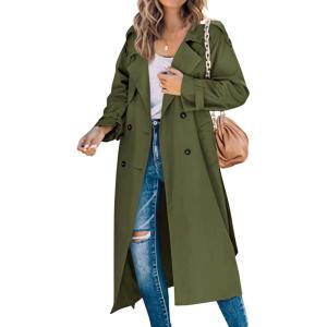 image:imageCHARTOU Women Trench Coat Mid Length Double Breasted Lightweight Jacket Windproof Long Duster Coat OvercoatArmy Green