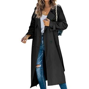 image:imageCHARTOU Women Trench Coat Mid Length Double Breasted Lightweight Jacket Windproof Long Duster Coat OvercoatBlack