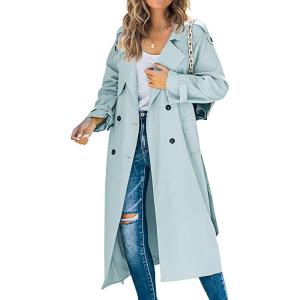 image:imageCHARTOU Women Trench Coat Mid Length Double Breasted Lightweight Jacket Windproof Long Duster Coat OvercoatLight Blue