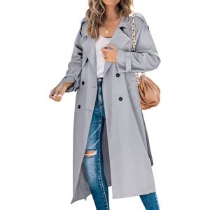 image:imageCHARTOU Women Trench Coat Mid Length Double Breasted Lightweight Jacket Windproof Long Duster Coat OvercoatLight Grey