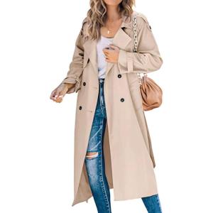 image:imageCHARTOU Women Trench Coat Mid Length Double Breasted Lightweight Jacket Windproof Long Duster Coat OvercoatLight Khaki