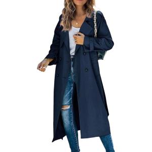 image:imageCHARTOU Women Trench Coat Mid Length Double Breasted Lightweight Jacket Windproof Long Duster Coat OvercoatNavy