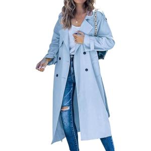 image:imageCHARTOU Women Trench Coat Mid Length Double Breasted Lightweight Jacket Windproof Long Duster Coat OvercoatSky Blue