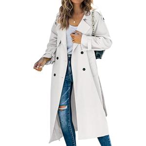 image:imageCHARTOU Women Trench Coat Mid Length Double Breasted Lightweight Jacket Windproof Long Duster Coat OvercoatWhite