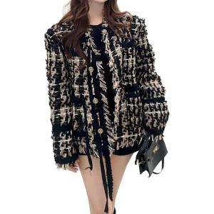 image:imageCHARTOU Women Tweed Blazer Cable Knit Casual Button Down Fringe Suit Jacket Long Sleeve Jacket OvercoatBlack