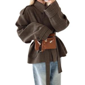 image:imageCHARTOU Women Vintage Houndstooth Short Jacket Coat Fall 2025 Plaid Button Down Outwear Shacket with BeltBrown