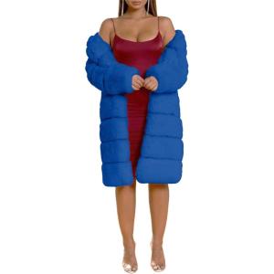 image:imageCHARTOU Women Winter Furry Faux Fur Coat Long Puffer Jacket Long Sleeve Open Front Cardigan OvercoatBlue