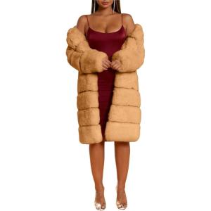 image:imageCHARTOU Women Winter Furry Faux Fur Coat Long Puffer Jacket Long Sleeve Open Front Cardigan OvercoatCamel