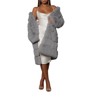 image:imageCHARTOU Women Winter Furry Faux Fur Coat Long Puffer Jacket Long Sleeve Open Front Cardigan OvercoatGrey