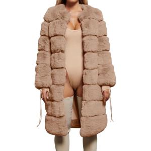 image:imageCHARTOU Women Winter Furry Faux Fur Coat Long Puffer Jacket Long Sleeve Open Front Cardigan OvercoatKhaki