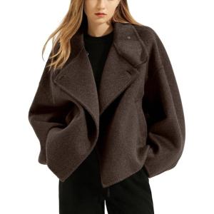 image:imageCHARTOU Women Wool Blend Crop Pea Coat Winter Casual Loose Notched Lapel Short Jacket OutwearBrown