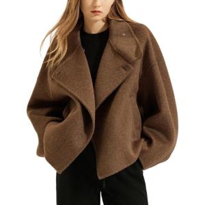image:imageCHARTOU Women Wool Blend Crop Pea Coat Winter Casual Loose Notched Lapel Short Jacket OutwearCoffee
