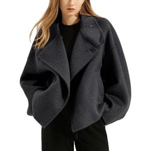 image:imageCHARTOU Women Wool Blend Crop Pea Coat Winter Casual Loose Notched Lapel Short Jacket OutwearGrey
