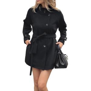 image:imageCHARTOU Women Wool Blend Short Pea Coat Jacket Winter Stand Collar Single Breasted Trench Overcoat with BeltBlack