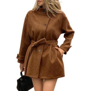 image:imageCHARTOU Women Wool Blend Short Pea Coat Jacket Winter Stand Collar Single Breasted Trench Overcoat with BeltBrown