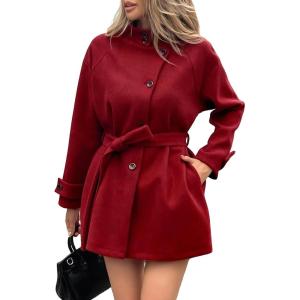 image:imageCHARTOU Women Wool Blend Short Pea Coat Jacket Winter Stand Collar Single Breasted Trench Overcoat with BeltRed