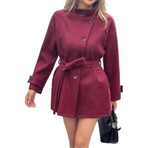 image:imageCHARTOU Women Wool Blend Short Pea Coat Jacket Winter Stand Collar Single Breasted Trench Overcoat with BeltWine Red