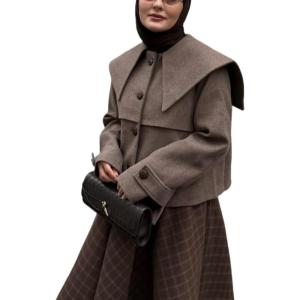 image:imageCHARTOU Women Wool Cropped Jacket Coat Oversized Fall Winter Sailor Collar Single Breasted Short Outwear OvercoatCoffee