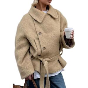 image:imageCHARTOU Womens 2025 Fashion Short Wool Trench Coat Winter Belted Pea Overcoat Single Breast Jacket PocketsKhaki
